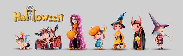 ハロウィーンの子供たちのキャラクターのコレクション。ハロウィーンの衣装を設定します。