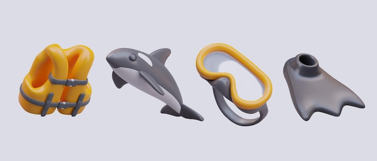 Vector collection with life vest glasses and fin realistic killer whale on gray background