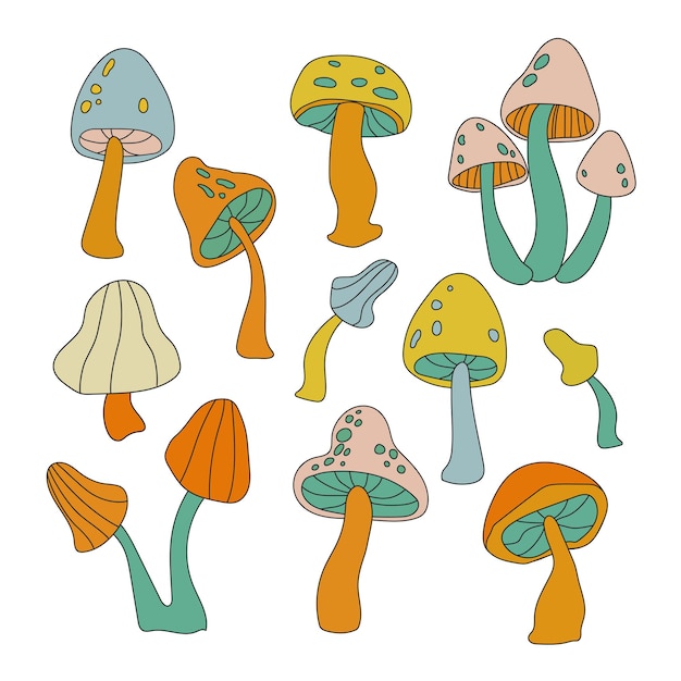 Коллекция с грибами в стиле Дизайн 70-х Крутой модный ретро хипстерский психоделический