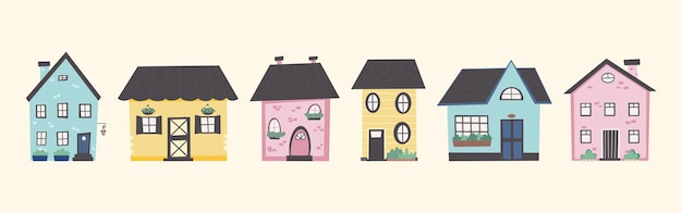 Collection with nursery various colorful houses. Cute Funny town. Vector illustration