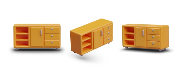 Collection with orange commode with open and closed shelves in different positions