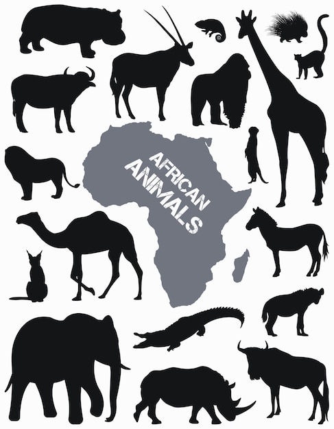 아프리카 동물의 실루엣이 있는 컬렉션입니다. 평면 디자인. 야생 동물의 실루엣입니다.