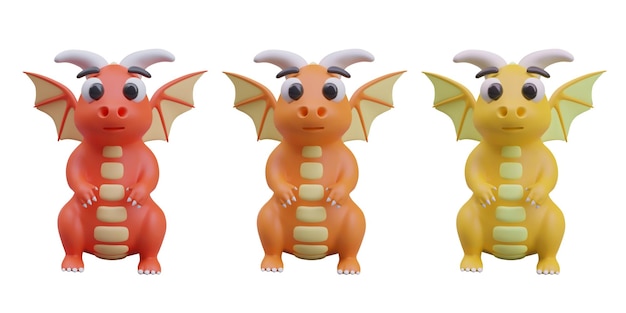 Vector collection with small red orange and yellow dragon with wings on white background