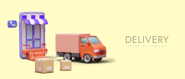collection with smartphone red truck and parcels online orders shopping and delivery