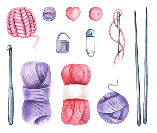 Vector collection with watercolor knitting elements.