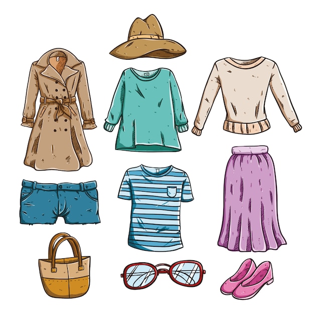 Vector collection of woman fashionable clothing with colored hand drawn or doodle style