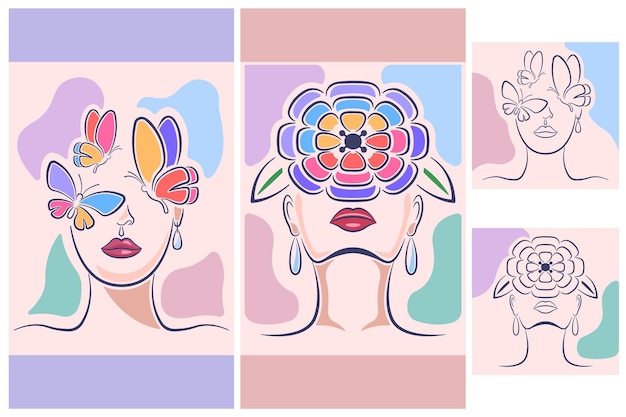 Vector collection women faces art line postel colors for social media format