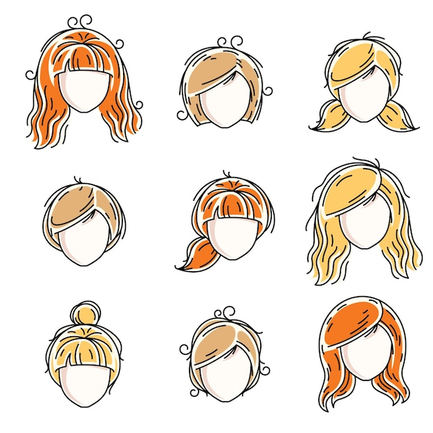 Vector collection of women faces, human heads. diverse vector characters like red-haired and blonde females, beautiful ladies visage clipart and user profile.