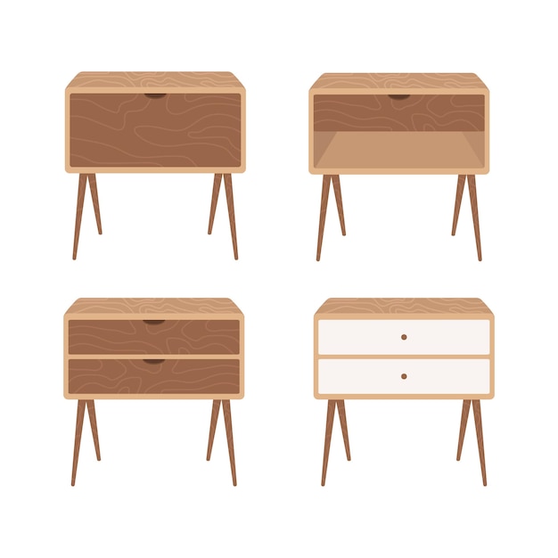 Vector collection of wooden nightstand, bedside table in vector design
