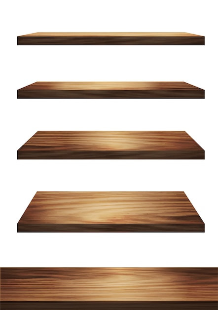 Collection of wooden shelves on an isolated white background