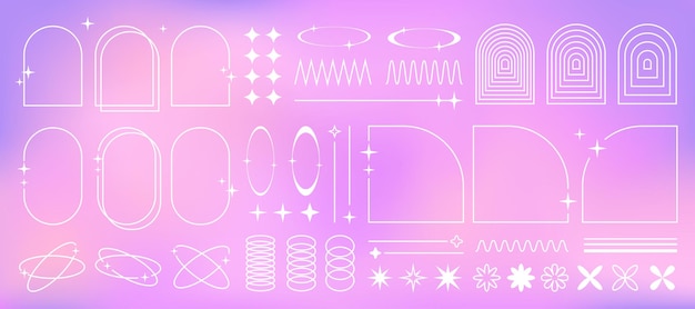Коллекция рамок графических элементов Y2K и объектов дизайна на градиентном фоне