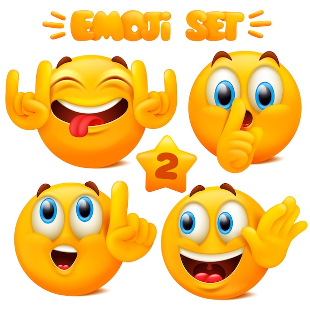 Collection of yellow emoji icons emoticon cartoon character with different facial expressions in 3d style isolated