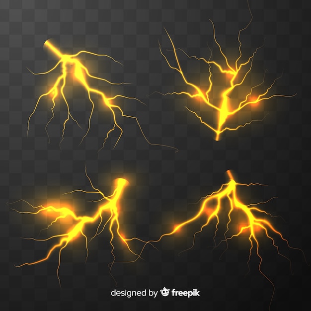 Vector collection of yellow lightning on transparent background