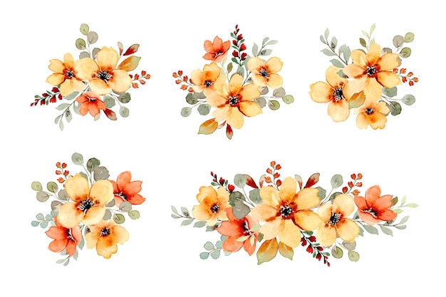 Collection of yellow and orange floral bouquet with watercolor