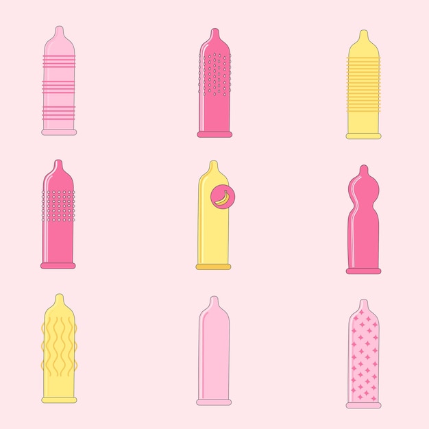 A collection of yellow and pink condoms