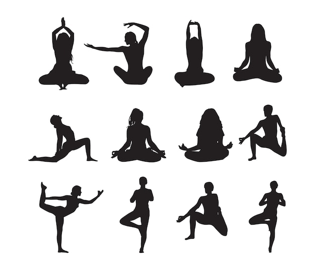 Vector a collection of yoga poses including a woman and a man doing yoga