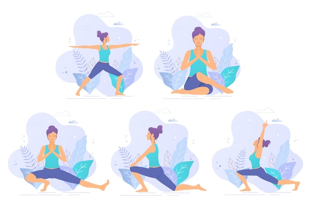 Vector collection of yoga vector illustrations. yoga girl in a park vector illustration. healthy lifestyle.