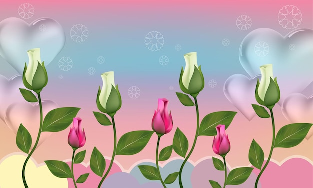 Vector collection of young buds of roses and isolated with colorful and love symbols