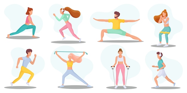 Collection of young people performing sports activities. healthy lifestyle.   illustration.