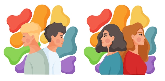 Vector collection of young people standing back to back. concept of equal rights for the lgbt community.   illustration.