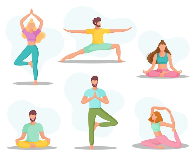 Vector collection of young people in yoga position. physical and spiritual practice.