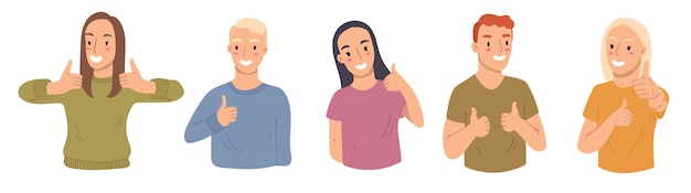 Vector collection of young woman and man showing thumbs up,like.