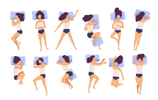 다양한 포즈로 침대에서 자고 있는 젊은 여성의 컬렉션입니다. 밤에 잠자는 동안 다른 자세로 누워 있는 여성 만화 캐릭터 세트. 평면도. 평면 스타일의 다채로운 벡터 일러스트 레이 션