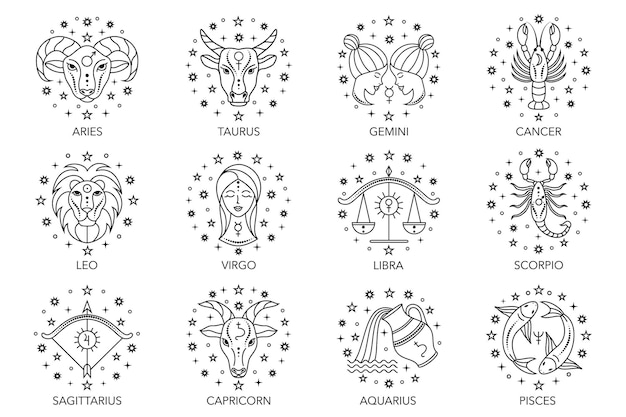 Collection of zodiac signs on white background. Line art icons.