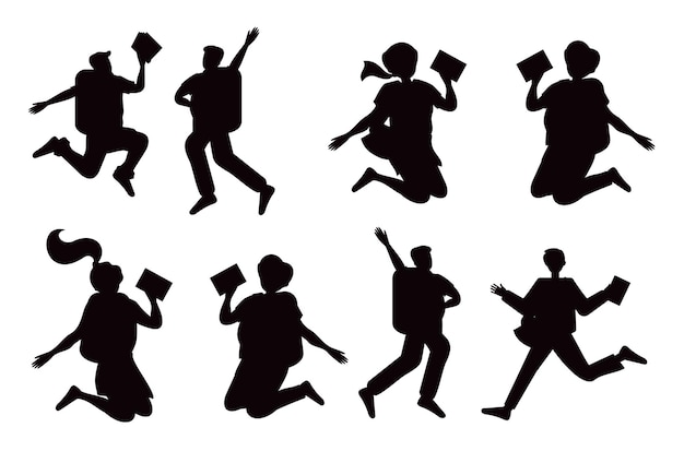 Vector collections of happy students jumping isolated vector silhouettes