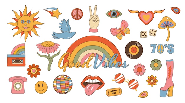 Collections hippie retro groovy elements 70s80s style Good vibes decorative cartoon symbols