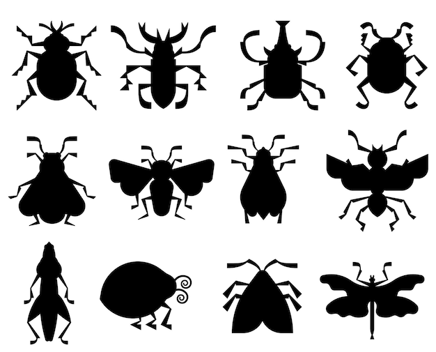 곤충 다른 유형 평면 벡터 실루엣의 컬렉션