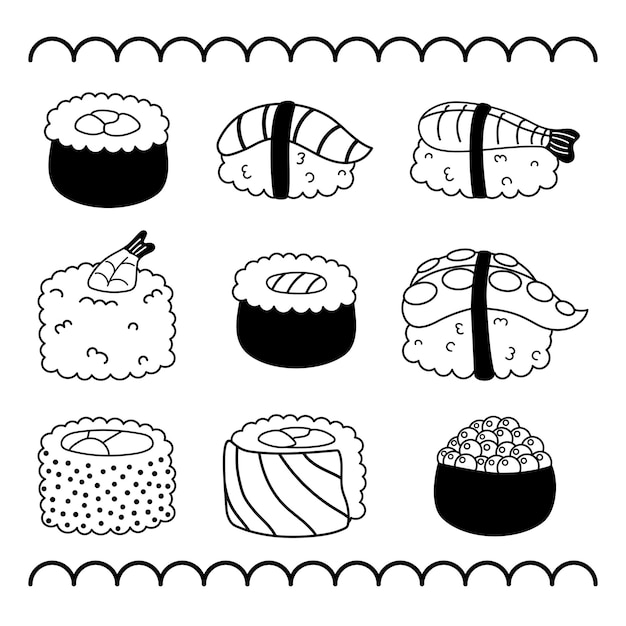 Vettore collezione di scarabocchi di sushi disegnati a mano