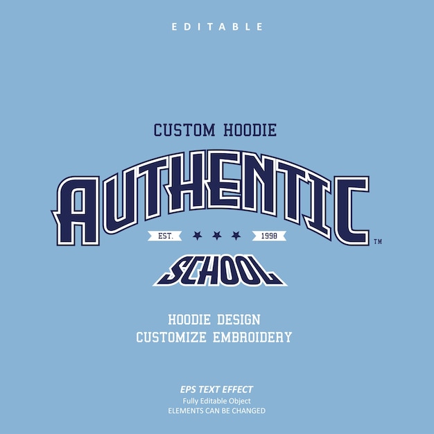 College american style authentic school hoodie embroidery text effect editable premium vector