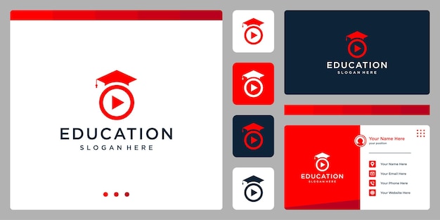 College, graduate, campus, onderwijs logo-ontwerp. en afspeelknoplogo, video. visitekaartje