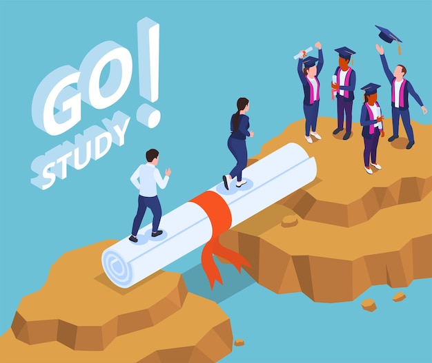 College isometrisch concept met afstuderen universiteitsstudenten klimmen op gerold diploma vectorillustratie