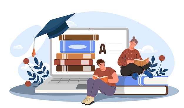 College-projectconcept Man en vrouw zitten op een stapel enorme boeken bij een computerscherm Onderwijs en opleiding op afstand Leren Examen en test online Platte vector illustratie