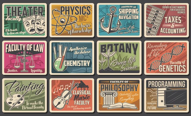 Vector college science art and tech faculty retro banner