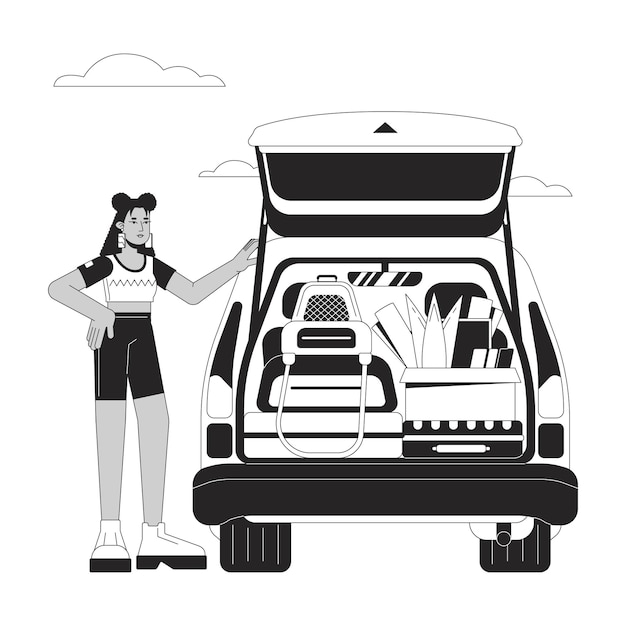 College student car bw vector spot illustration Latina freshman girl loading car trunk 2D cartoon flat line monochromatic character for web UI design Road trip editable isolated outline hero image