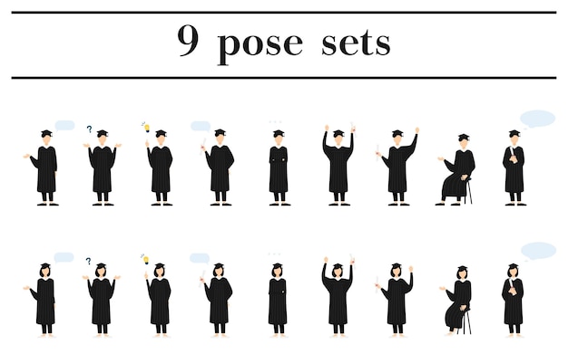 College student in graduation mortarboard and gown 9 poses