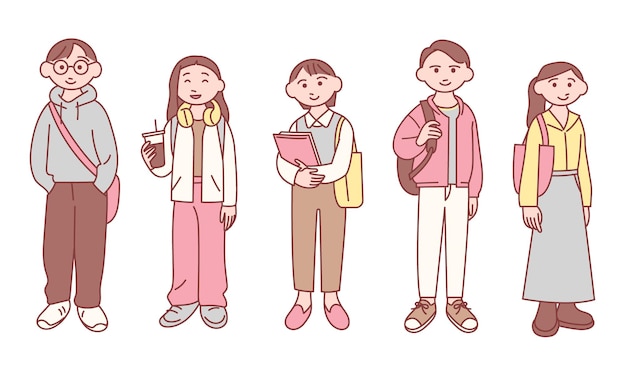 college students in casual outfits isolated vector hand drawn illustration