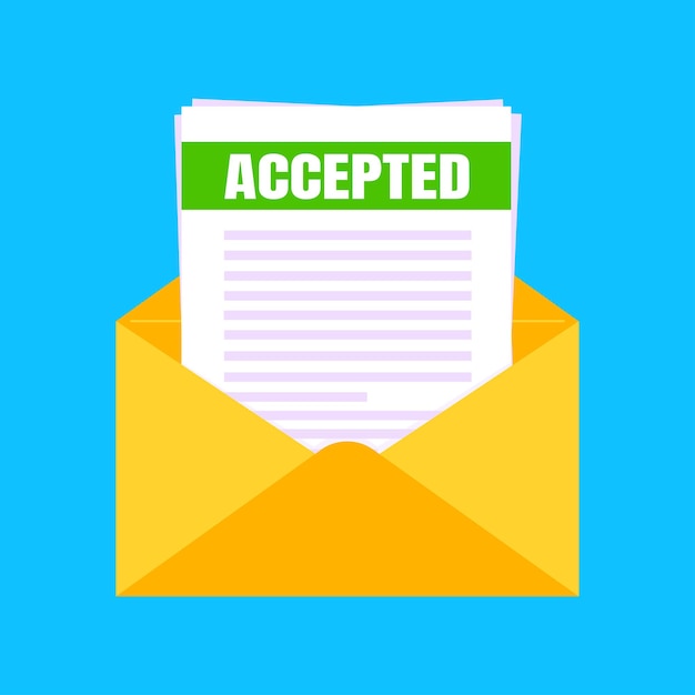 College or university acceptance letter with envelope and paper sheets document email