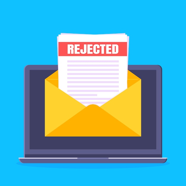 Lettera di rifiuto del college o dell'università con e-mail di documento con busta aperta sullo schermo del laptop occupazione lavorativa
