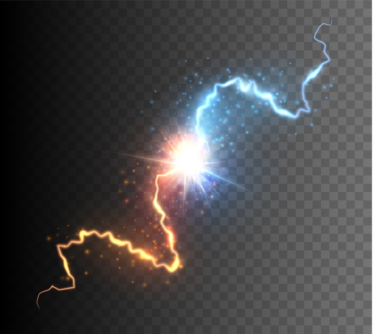 Vector collision of two forces with glowing spark. explosion of energy. versus concept