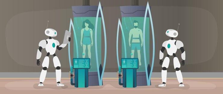 Vector collonization of the planets. the robot checks the condition of the human. futuristic laboratory with cryogenic capsules. cryon technology for humans or the cryogenic chamber of an astronaut.