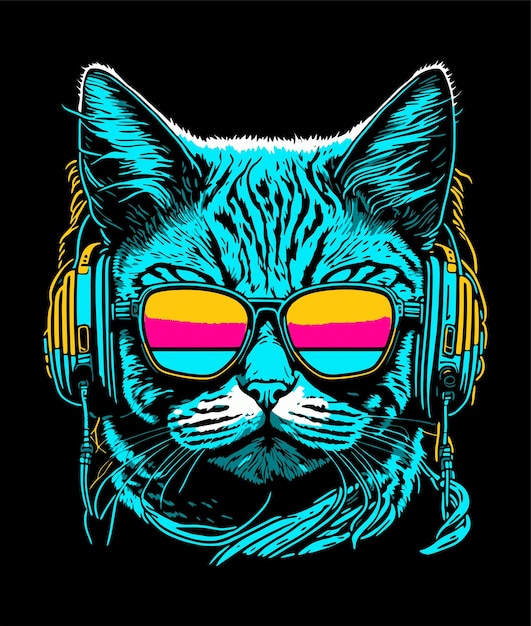 collorfull cat with 80s looks illustration