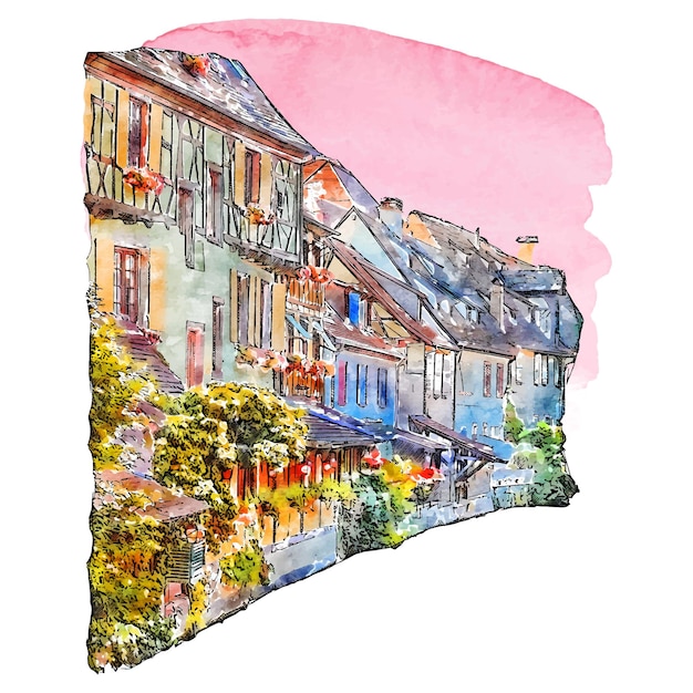 Colmar alsace france watercolor hand drawn illustration isolated on white background