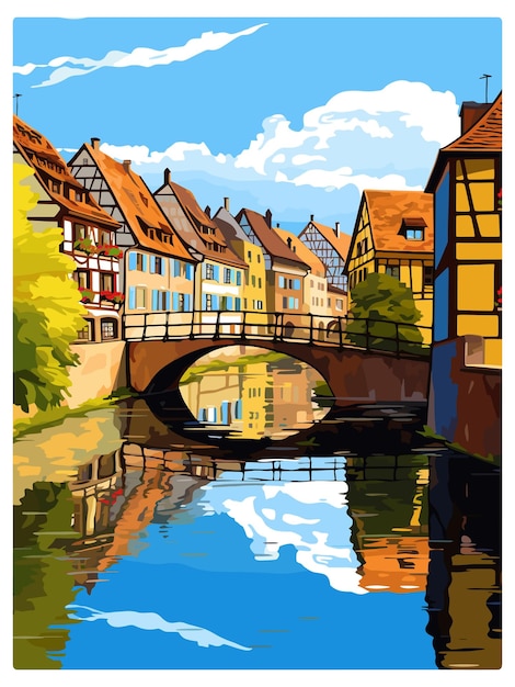 Vector colmar france vintage travel poster souvenir postcard portrait painting wpa illustration