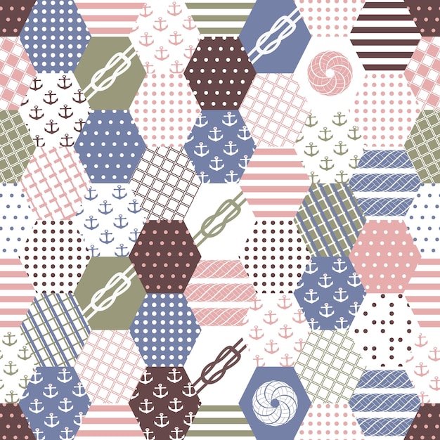 Vector coloful marine ornaments patchwork seamless background