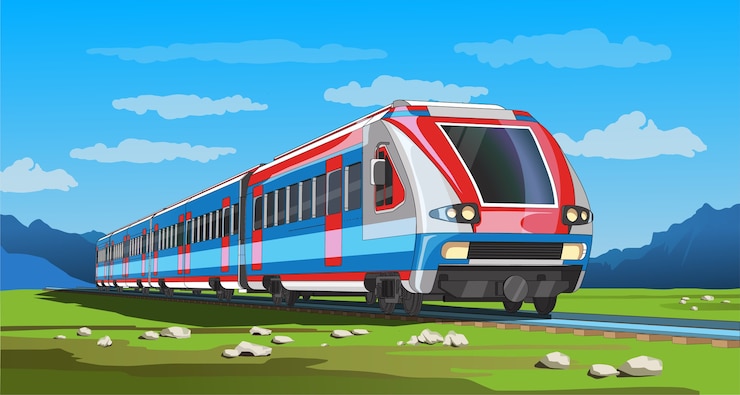 Вектор coloful страница с 3d моделью современного скоростного поезда и ярким пейзажем. красивая иллюстрация с поездкой на поезде. графический рисунок поезда.