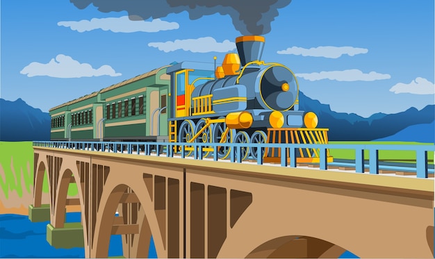 ベクトル 橋の上に3dモデルの列車がある色とりどりのページ。電車の旅の美しいイラスト。ヴィンテージレトロな電車のグラフィック。